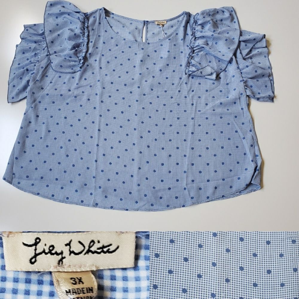 NEW 3X POLKA DOT CHECK RUFFLE SHORT SLEEVE blue white cold shoulder TOP NWT